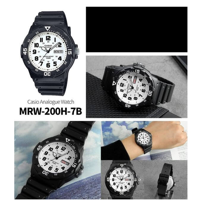 Casio – Montre pour hommes cadran blanc chiffres noirs – Bracelet en silicone noir – MRW-200H-7BVDF