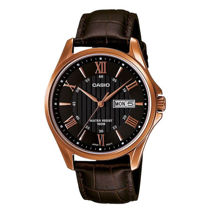 Casio – Bronze cadran noir – Bracelet cuir marron – Avec dateur – MTP-1384L-1AVDF