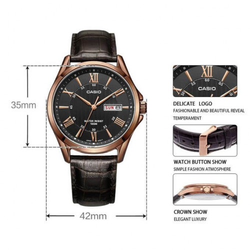Casio – Bronze cadran noir – Bracelet cuir marron – Avec dateur – MTP-1384L-1AVDF Casio – Bronze cadran noir – Bracelet cuir marron – Avec dateur – MTP-1384L-1AVDF