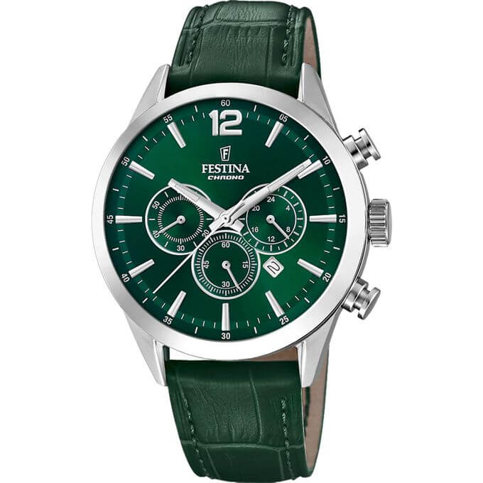 Festina – Montre verte chronographe pour hommes – Bracelet cuir vert – Diamètre 43 mm – F20542/7