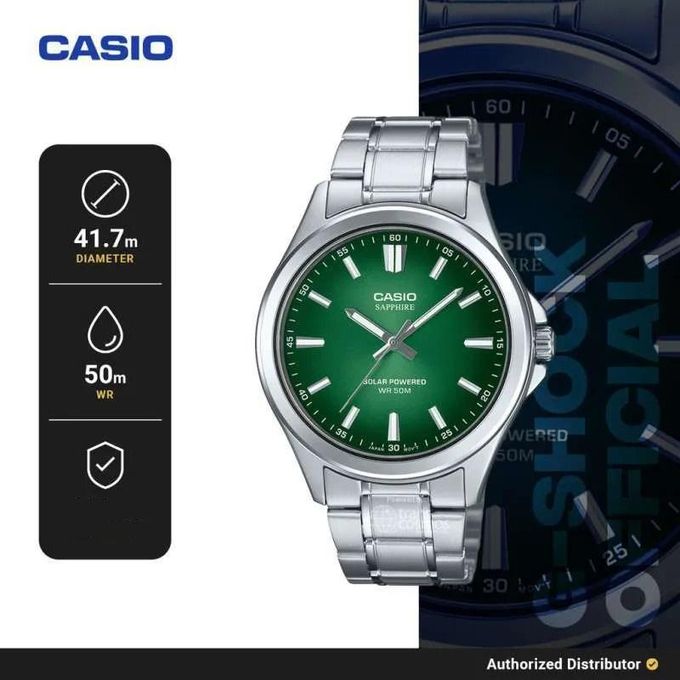 Casio – Montre pour hommes – Solaire & verre saphir inrayable – Fond vert – Tout en acier inoxydable – MTS-RS100D-3AVDF