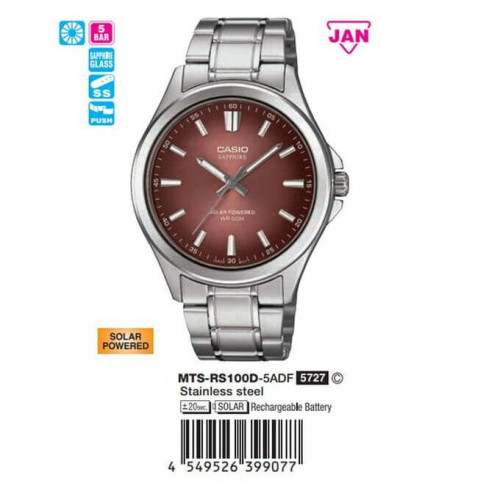 Casio – Montre pour hommes – Solaire & verre saphir inrayable – Fond marron – Tout en acier inoxydable – MTS-RS100D-5ADF Casio – Montre pour hommes – Solaire & verre saphir inrayable – Fond marron – Tout en acier inoxydable – MTS-RS100D-5ADF