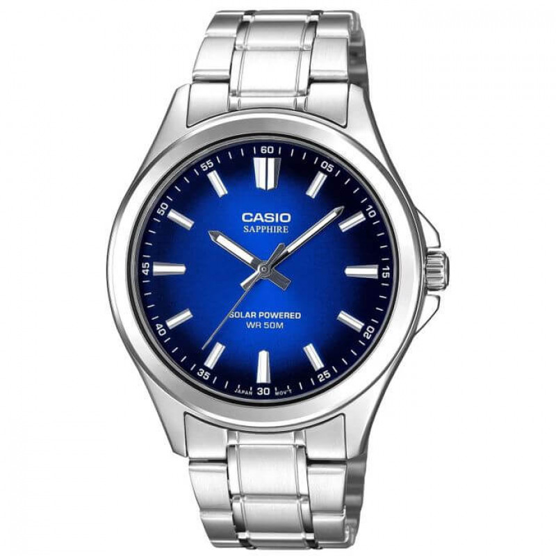 Casio – Montre pour hommes – Solaire & verre saphir inrayable – Fond bleu – Tout en acier inoxydable – MTS-RS100D-2AV