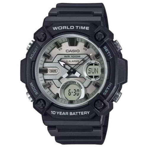Casio – Robuste & très facile à lire – Double montre avec cadran argenté – Bracelet en résine noir – AEQ-120W-7AV Casio – Robuste & très facile à lire – Double montre avec cadran argenté – Bracelet en résine noir – AEQ-120W-7AV