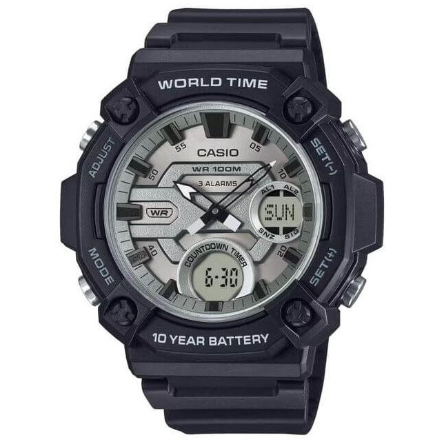 Casio – Robuste & très facile à lire – Double montre avec cadran argenté – Bracelet en résine noir – AEQ-120W-7AV