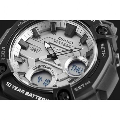 Casio – Robuste & très facile à lire – Double montre avec cadran argenté – Bracelet en résine noir – AEQ-120W-7AV Casio – Robuste & très facile à lire – Double montre avec cadran argenté – Bracelet en résine noir – AEQ-120W-7AV