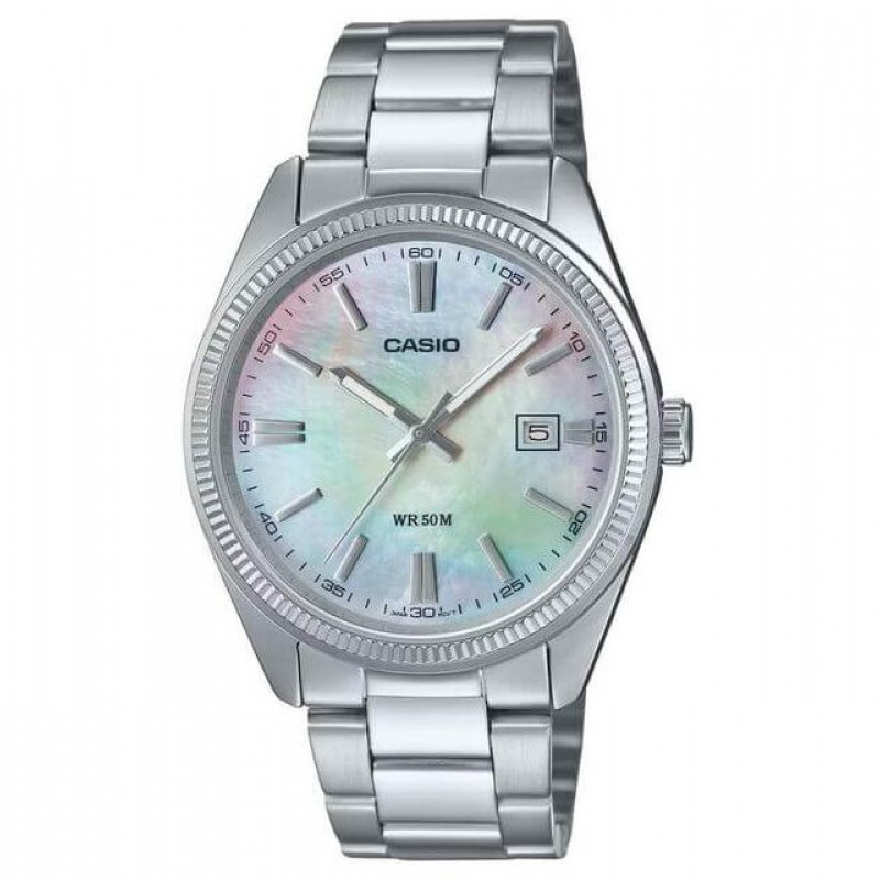Casio – Montre classique au fond blanc nacré pour hommes – Étanche 50 m – Tout en acier inoxydable – MTP-1302DS-7AV