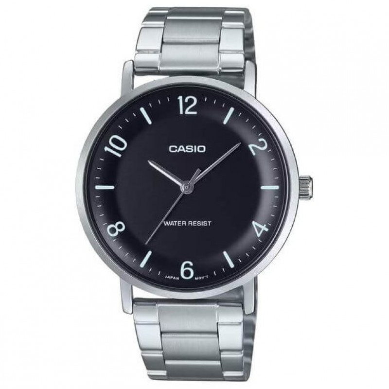 Casio – Montre classique et simple au fond noir avec index chiffres faciles – Étanche & tout en acier – MTP-VT03D-1B