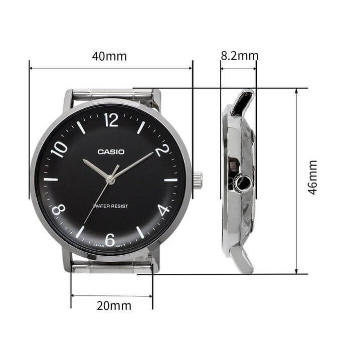 Casio – Montre classique et simple au fond noir avec index chiffres faciles – Étanche & tout en acier – MTP-VT03D-1B