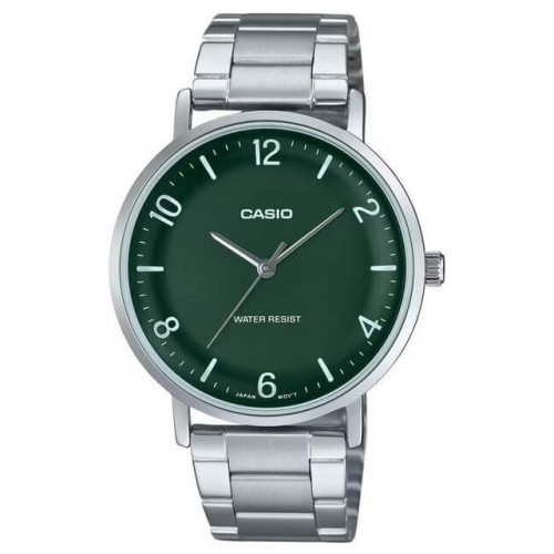 Casio – Montre classique et simple au fond vert avec index chiffres faciles – Étanche & tout en acier – MTP-VT03D-3BDF Casio – Montre classique et simple au fond vert avec index chiffres faciles – Étanche & tout en acier – MTP-VT03D-3BDF