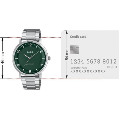 Casio – Montre classique et simple au fond vert avec index chiffres faciles – Étanche & tout en acier – MTP-VT03D-3BDF Casio – Montre classique et simple au fond vert avec index chiffres faciles – Étanche & tout en acier – MTP-VT03D-3BDF