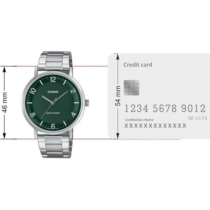 Casio – Montre classique et simple au fond vert avec index chiffres faciles – Étanche & tout en acier – MTP-VT03D-3BDF