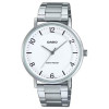 Casio – Montre classique et simple au fond blanc avec index chiffres faciles – Étanche – Tout en acier – MTP-VT03D-7B