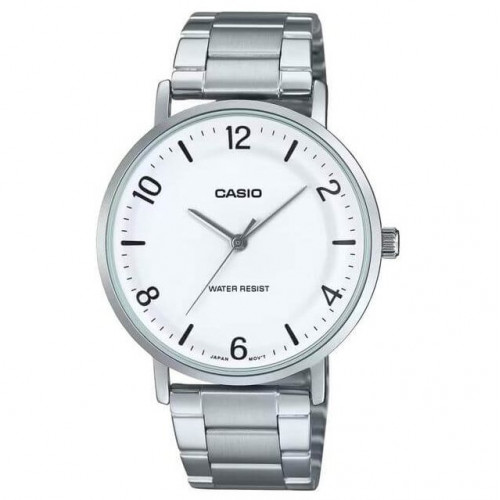 Casio – Montre classique et simple au fond blanc avec index chiffres faciles – Étanche – Tout en acier – MTP-VT03D-7B Casio – Montre classique et simple au fond blanc avec index chiffres faciles – Étanche – Tout en acier – MTP-VT03D-7B