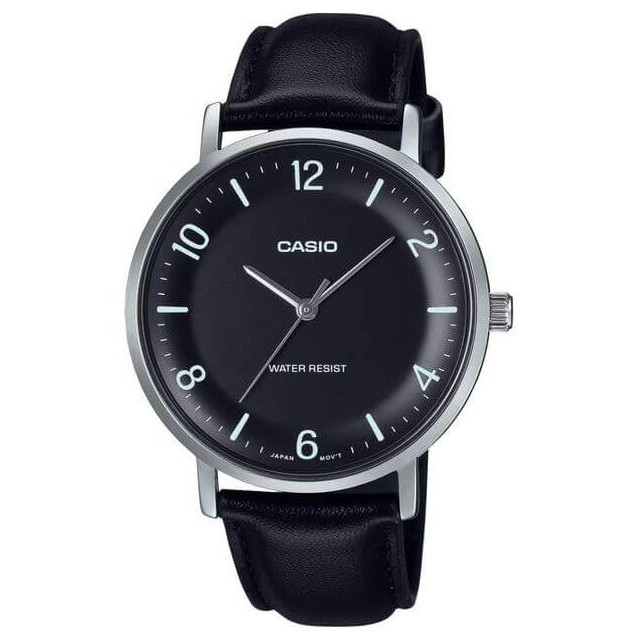 Casio – Montre classique noire avec bracelet en cuir noir pour hommes – Étanche – MTP-VT03L-1B