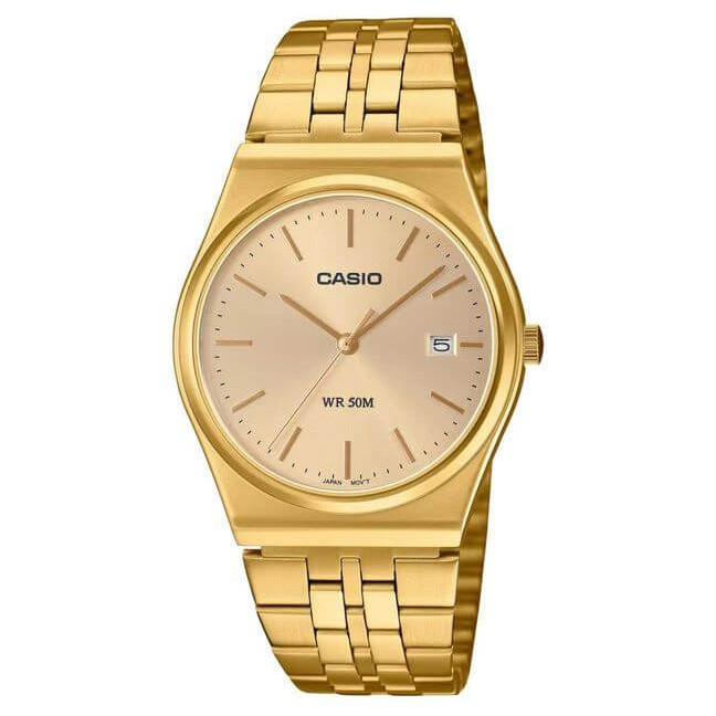 Casio – Montre classique au style rétro doré avec dateur et étanche pour hommes – Tout en acier inoxydable – MTP-B145G-9AV