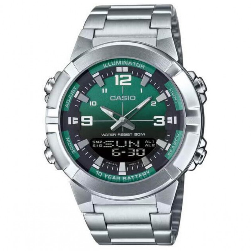 Casio – Montre au fond vert pour homme en acier inoxydable – Analogique / Numérique – AMW-870DA-3AVDF