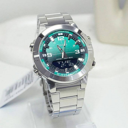 Casio – Montre au fond vert pour homme en acier inoxydable – Analogique / Numérique – AMW-870DA-3AVDF Casio – Montre au fond vert pour homme en acier inoxydable – Analogique / Numérique – AMW-870DA-3AVDF