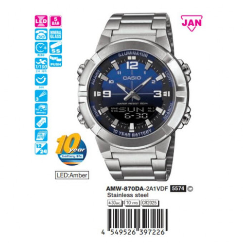 Casio – Montre fond bleu/noir pour homme en acier inoxydable – Analogique / Numérique – AMW-870DA-2A1VDF Casio – Montre fond bleu/noir pour homme en acier inoxydable – Analogique / Numérique – AMW-870DA-2A1VDF