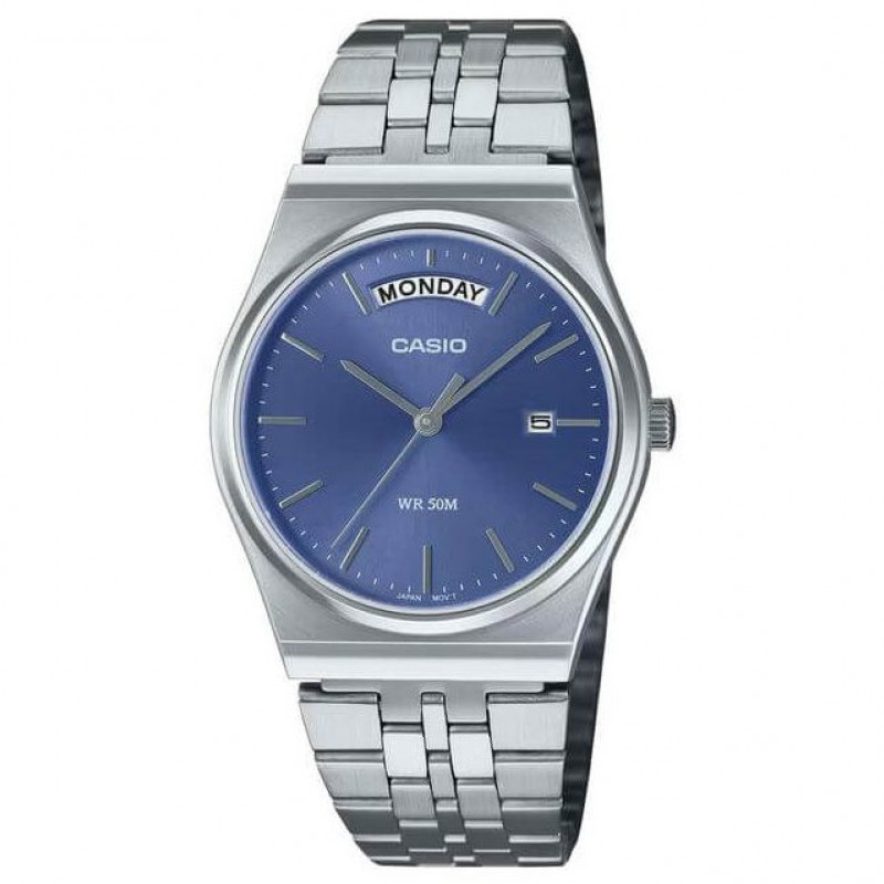 Casio – Style classique en fond bleu et bracelet en acier inoxydable argenté avec dateur pour hommes – MTP-B146D-2AV