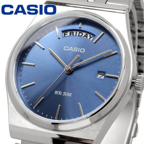 Casio – Style classique en fond bleu et bracelet en acier inoxydable argenté avec dateur pour hommes – MTP-B146D-2AV Casio – Style classique en fond bleu et bracelet en acier inoxydable argenté avec dateur pour hommes – MTP-B146D-2AV