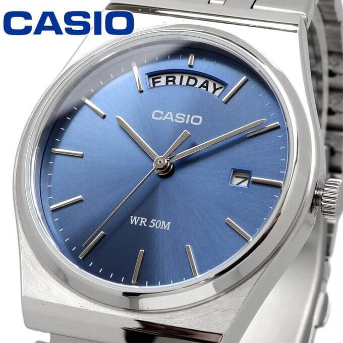 Casio – Style classique en fond bleu et bracelet en acier inoxydable argenté avec dateur pour hommes – MTP-B146D-2AV
