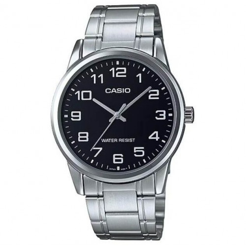 Casio – Montre classique au fond noir et index chiffres arabes blancs pour hommes – Bracelet en acier inoxydable argenté – MTP-V001D-1B Casio – Montre classique au fond noir et index chiffres arabes blancs pour hommes – Bracelet en acier inoxydable argenté – MTP-V001D-1B
