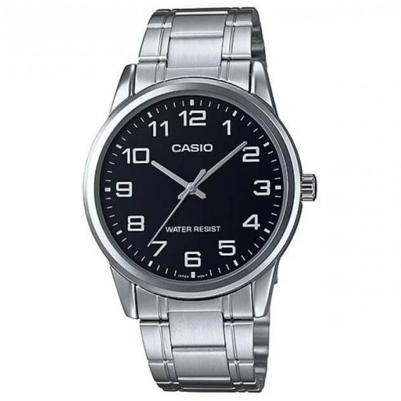 Casio – Montre classique au fond noir et index chiffres arabes blancs pour hommes – Bracelet en acier inoxydable argenté – MTP-V001D-1B