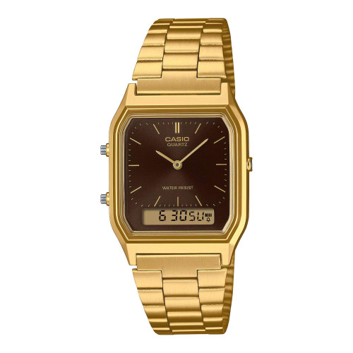 Casio – Vintage au style classique dorée et fond marron – Double montres avec bracelet en acier inoxydable – AQ-230GA-5AMQY Casio – Vintage au style classique dorée et fond marron – Double montres avec bracelet en acier inoxydable – AQ-230GA-5AMQY