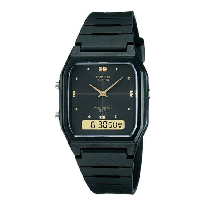 Casio – Double montres en cadran noir – Étanche jusqu’à 50 m – Bracelet en résine noir – AW-48HE-1AV