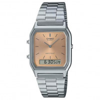 Casio – Montre fond couleur saumon – Double montre numérique/analogique – Bracelet en acier inoxydable – AQ-230A-4AMQY