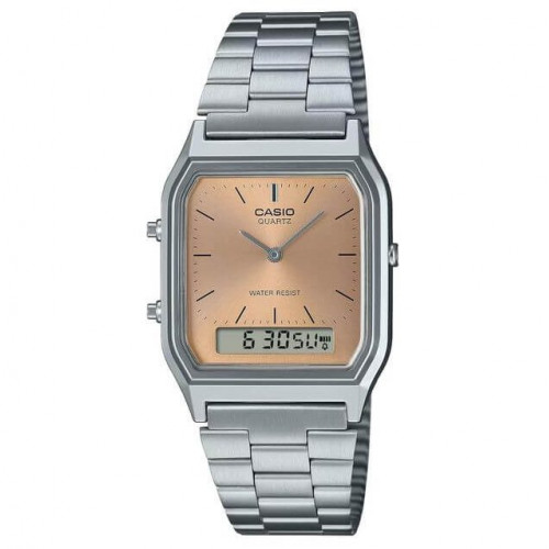 Casio – Montre fond couleur saumon – Double montre numérique/analogique – Bracelet en acier inoxydable – AQ-230A-4AMQY Casio – Montre fond couleur saumon – Double montre numérique/analogique – Bracelet en acier inoxydable – AQ-230A-4AMQY