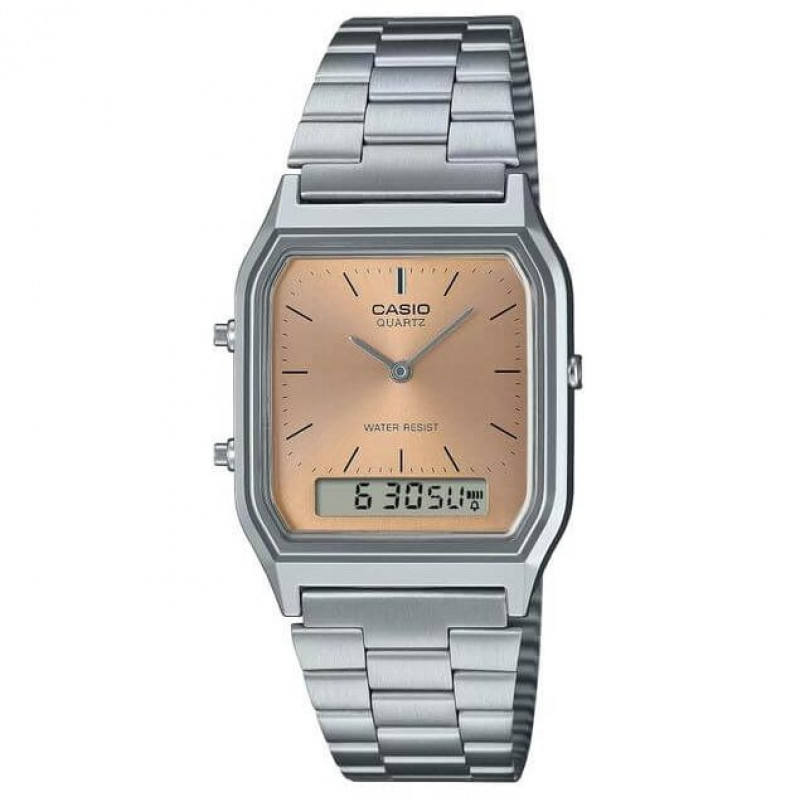 Casio – Montre fond couleur saumon – Double montre numérique/analogique – Bracelet en acier inoxydable – AQ-230A-4AMQY