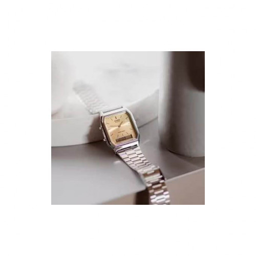 Casio – Montre fond couleur saumon – Double montre numérique/analogique – Bracelet en acier inoxydable – AQ-230A-4AMQY Casio – Montre fond couleur saumon – Double montre numérique/analogique – Bracelet en acier inoxydable – AQ-230A-4AMQY