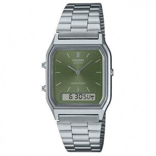 Casio – Vintage Collection double montres – Fond vert & bracelet en acier inoxydable – AQ-230A-3AMQY Casio – Vintage Collection double montres – Fond vert & bracelet en acier inoxydable – AQ-230A-3AMQY