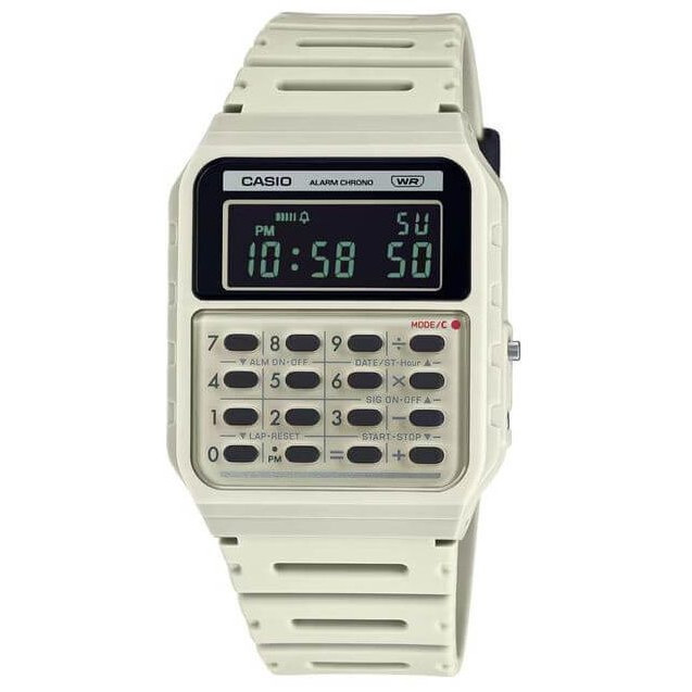 Casio – En blanc et style rétro Vintage avec mini-calculatrice révolutionnaire – Bracelet en résine Bio – CA-53WB-8B