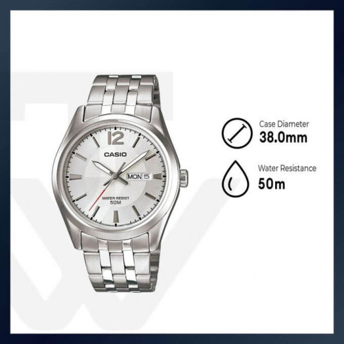 Casio – Modèle classique pour hommes au fond texturé argenté avec dateur sur 3h et étanchéité 50 m – MTP-1335D-7AVDF Casio – Modèle classique pour hommes au fond texturé argenté avec dateur sur 3h et étanchéité 50 m – MTP-1335D-7AVDF