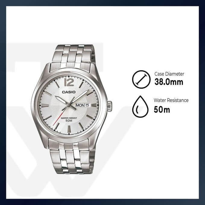 Casio – Modèle classique pour hommes au fond texturé argenté avec dateur sur 3h et étanchéité 50 m – MTP-1335D-7AVDF