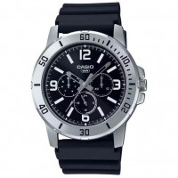 Casio – Montre en bracelet résine noir – Étanche – Argentée cadran noir – MTP-VD300-1B