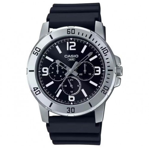 Casio – Montre en bracelet résine noir – Étanche – Argentée cadran noir – MTP-VD300-1B Casio – Montre en bracelet résine noir – Étanche – Argentée cadran noir – MTP-VD300-1B