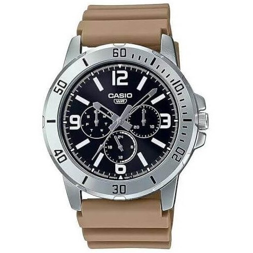 Casio – Montre en bracelet résine beige – Étanche – Argentée cadran noir – MTP-VD300-5B
