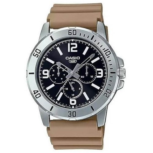 Casio – Montre en bracelet résine beige – Étanche – Argentée cadran noir – MTP-VD300-5B Casio – Montre en bracelet résine beige – Étanche – Argentée cadran noir – MTP-VD300-5B