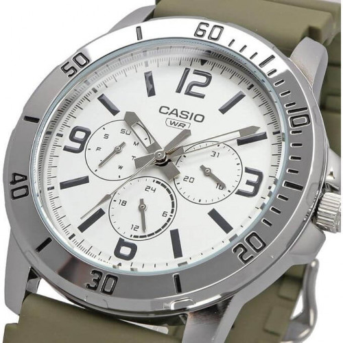Casio – Montre en bracelet résine vert – Étanche – Argentée cadran blanc – MTP-VD300-3B Casio – Montre en bracelet résine vert – Étanche – Argentée cadran blanc – MTP-VD300-3B