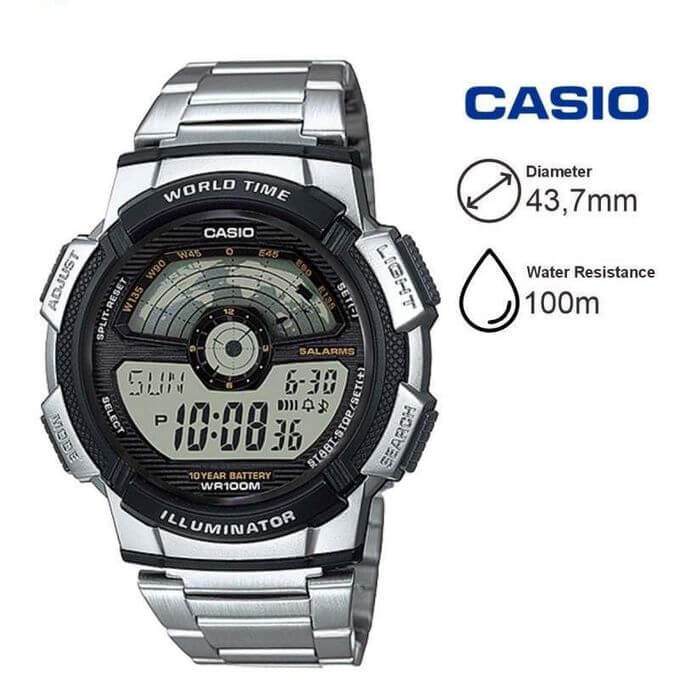 Casio – Montre digital pour hommes – Étanche 100 m – Bracelet en acier inoxydable – AE-1100WD-1AVDF