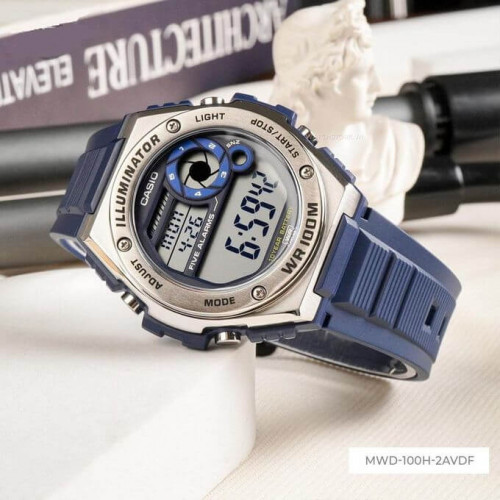 Casio – Bracelet en résine bleu & Autonomie de batterie de 10 ans – Étanchéité 100 mètres – MWD-100H-2AV Casio – Bracelet en résine bleu & Autonomie de batterie de 10 ans – Étanchéité 100 mètres – MWD-100H-2AV