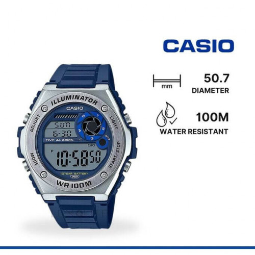 Casio – Bracelet en résine bleu & Autonomie de batterie de 10 ans – Étanchéité 100 mètres – MWD-100H-2AV Casio – Bracelet en résine bleu & Autonomie de batterie de 10 ans – Étanchéité 100 mètres – MWD-100H-2AV