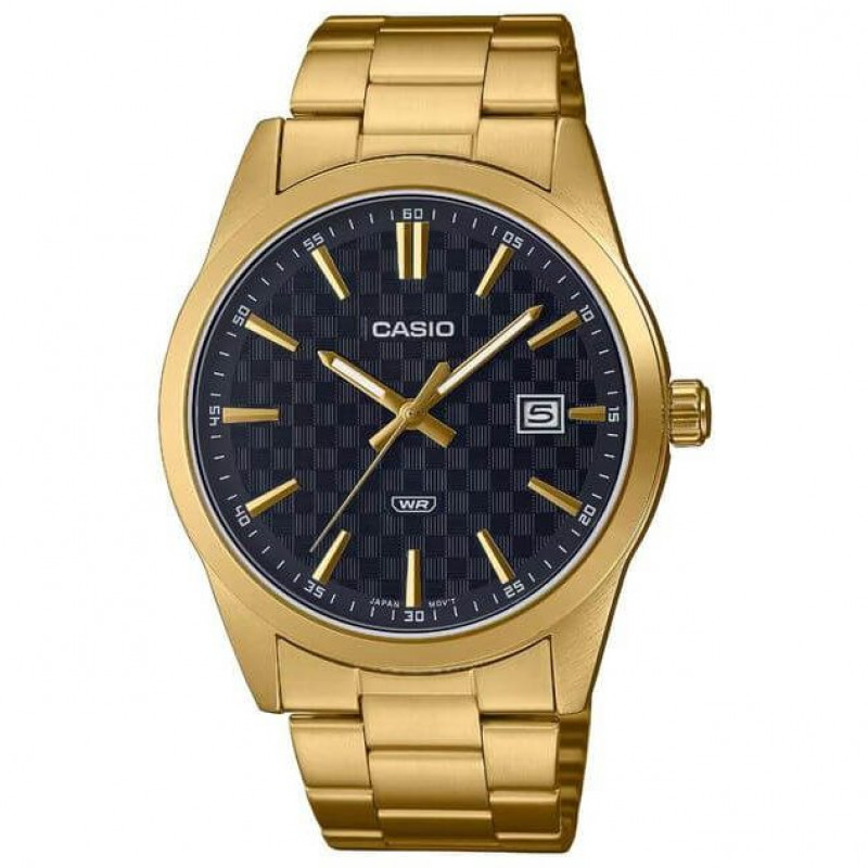 Casio – Montre dorée, cadran noir et index dorés pour hommes – Afficheur de date – Tout en acier inoxydable – MTP-VD03G-1A