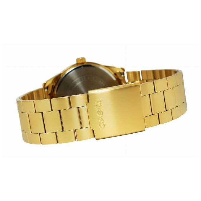 Casio – Montre dorée, cadran noir et index dorés pour hommes – Afficheur de date – Tout en acier inoxydable – MTP-VD03G-1A