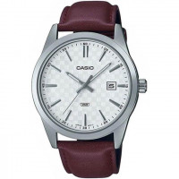Casio – Montre classique en bracelet cuir marron pour hommes – Fond blanc avec dateur – MTP-VD03L-5A