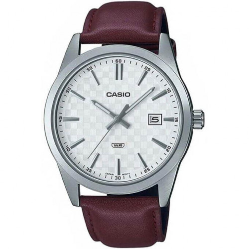 Casio – Montre classique en bracelet cuir marron pour hommes – Fond blanc avec dateur – MTP-VD03L-5A Casio – Montre classique en bracelet cuir marron pour hommes – Fond blanc avec dateur – MTP-VD03L-5A
